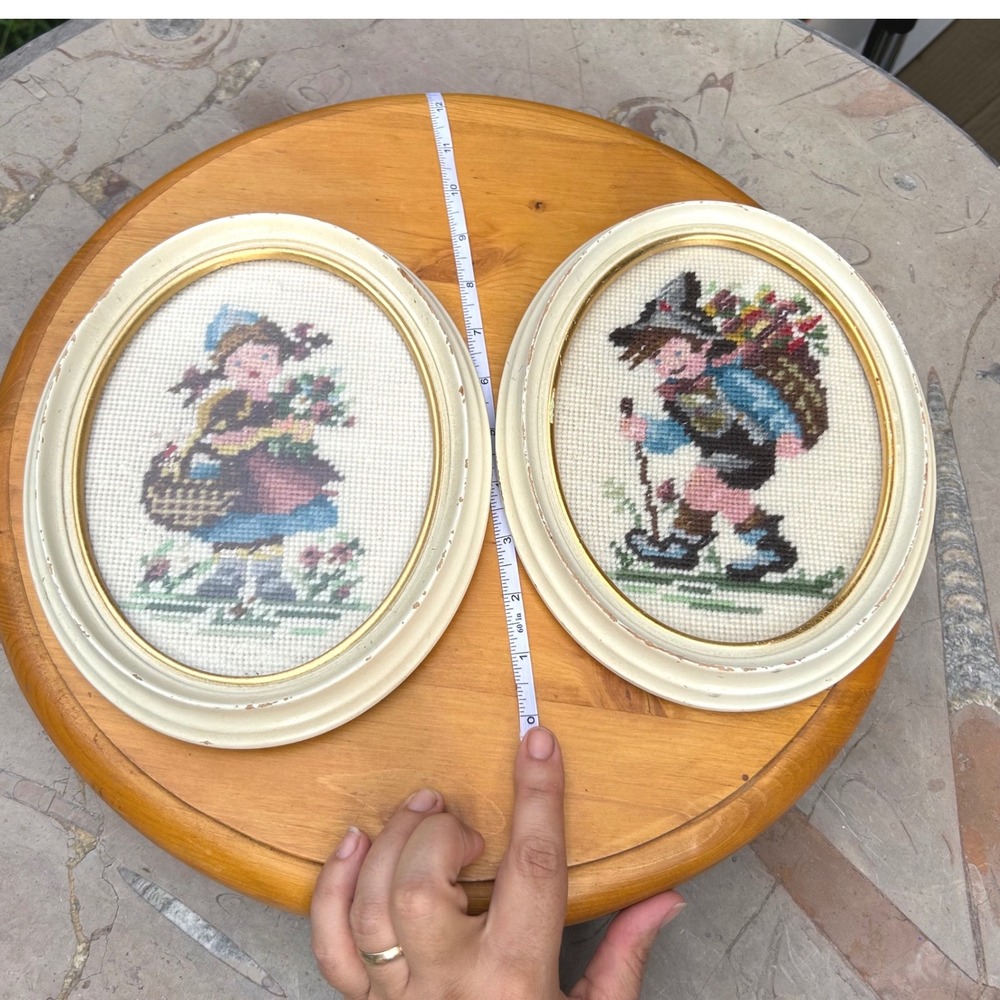 Vintage Needlepoint Pair Oval Framed Wall Art Small Cream Alpine Folklore MCM